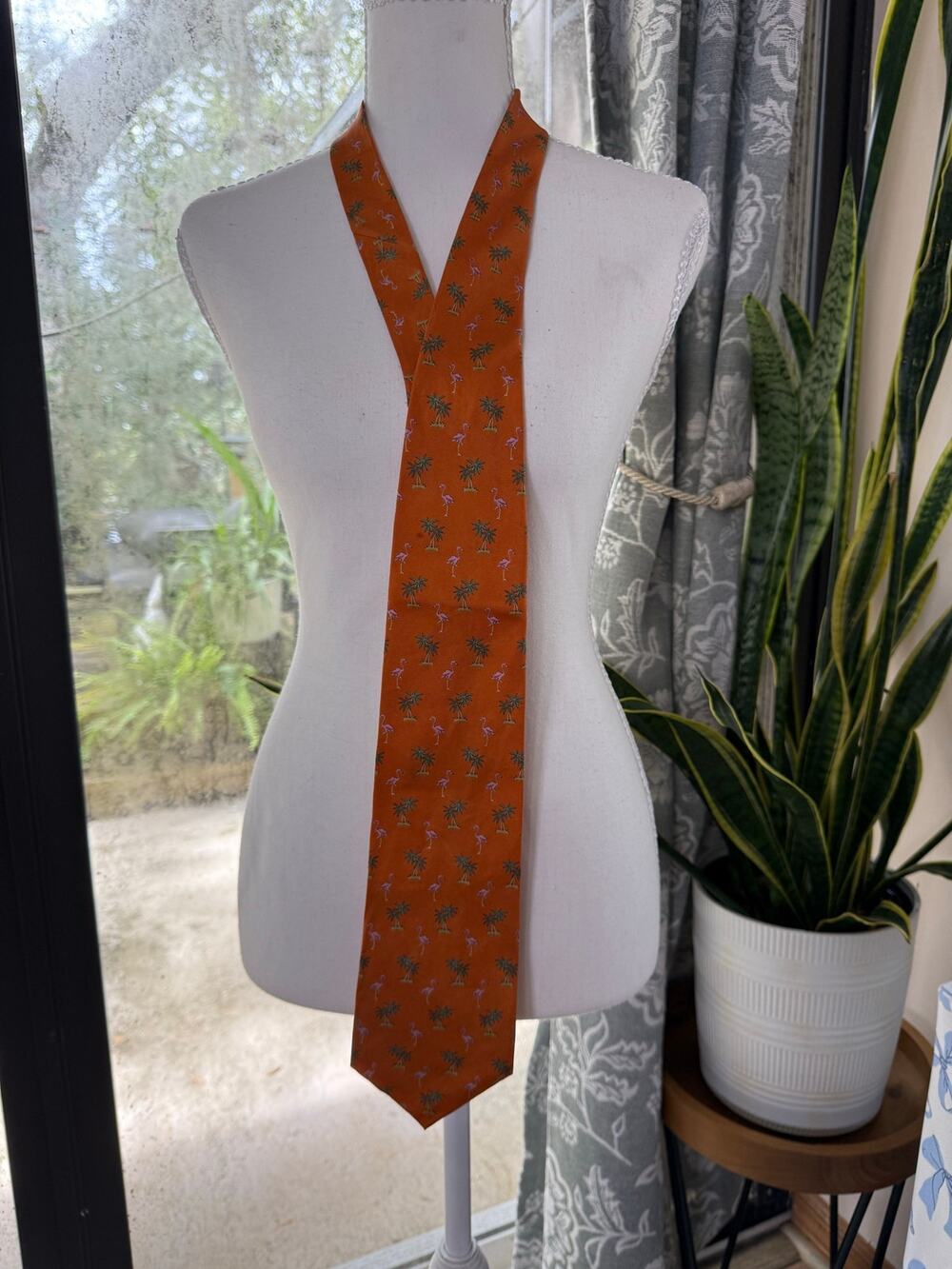 Tropicals by Tango 100% Silk Tie Orange Flamingo Palm Tree Tropical Necktie